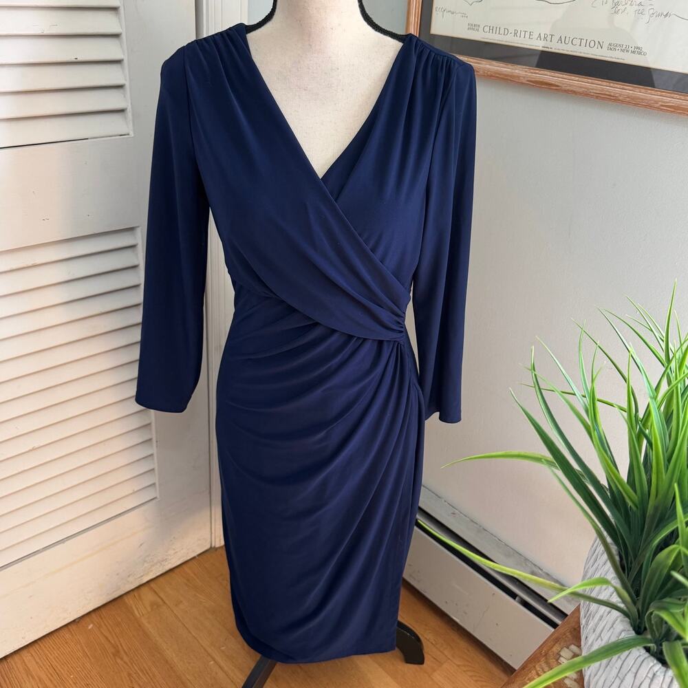 LRL Ralph Lauren Dress Womens 10 Blue Ruched Sheath Slinky Knit Cocktail Classic